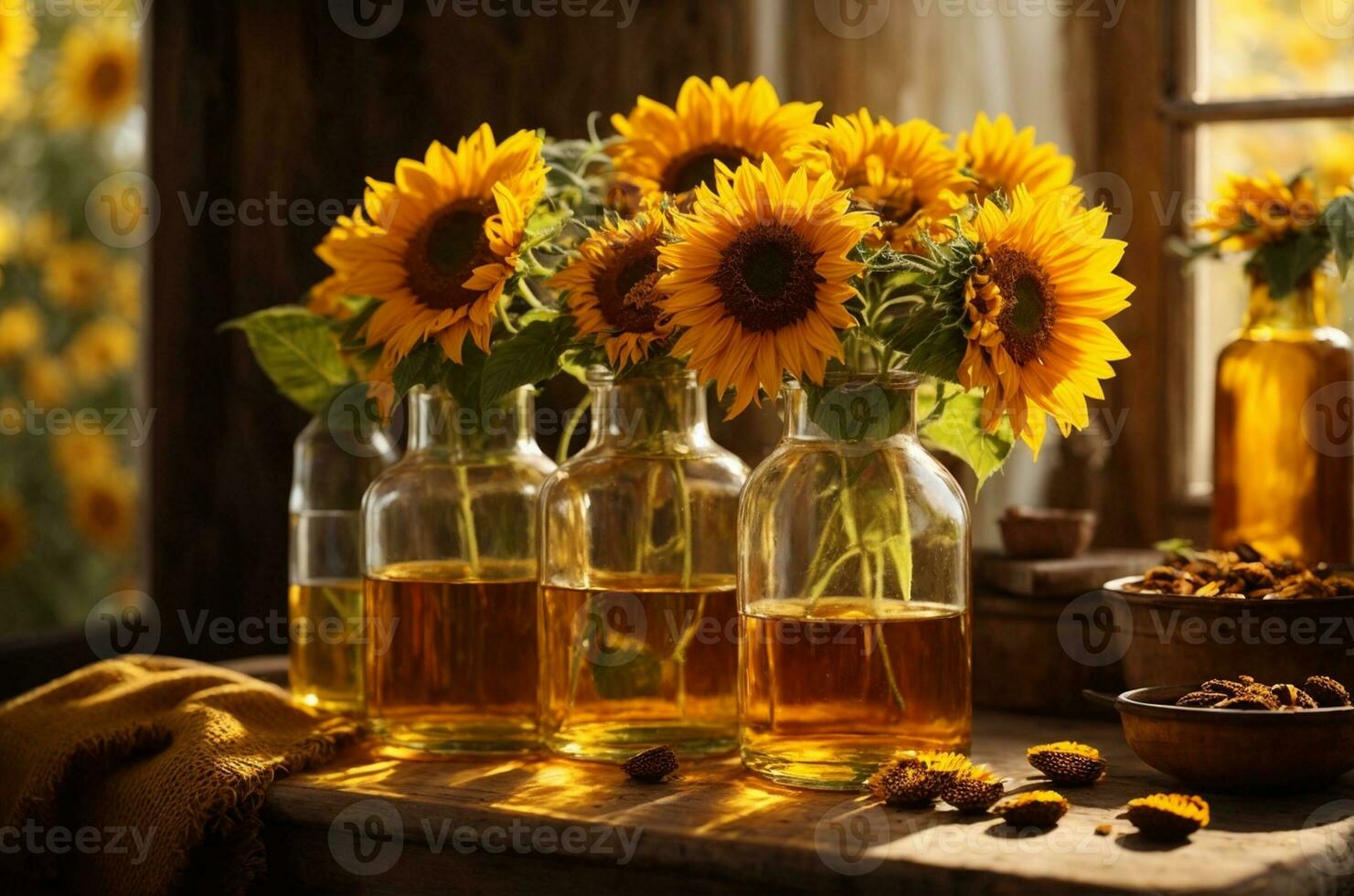 Sunflower oil in glass bottles with sunflowers on wooden background, AI Generative photo