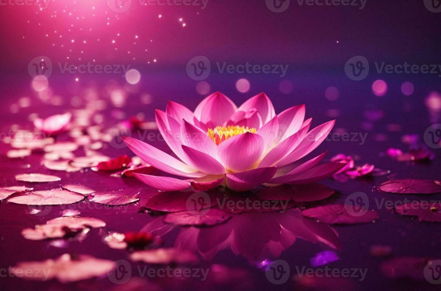 Pink lotus on purple background with bokeh lights and sparkles, AI Generative photo