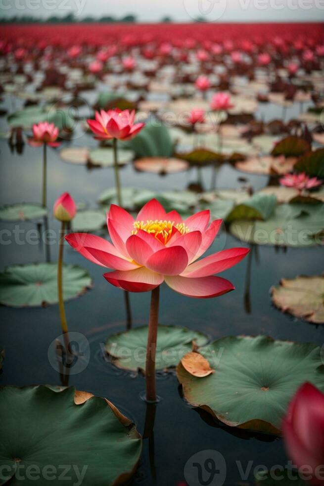 hermosa loto flor floreciente en el estanque con montaña fondo, ai generativo foto