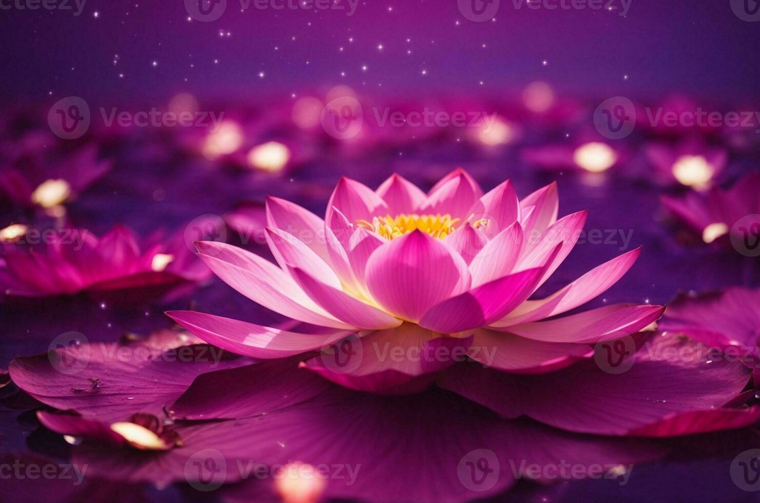 Pink lotus on purple background with bokeh lights and sparkles, AI Generative photo