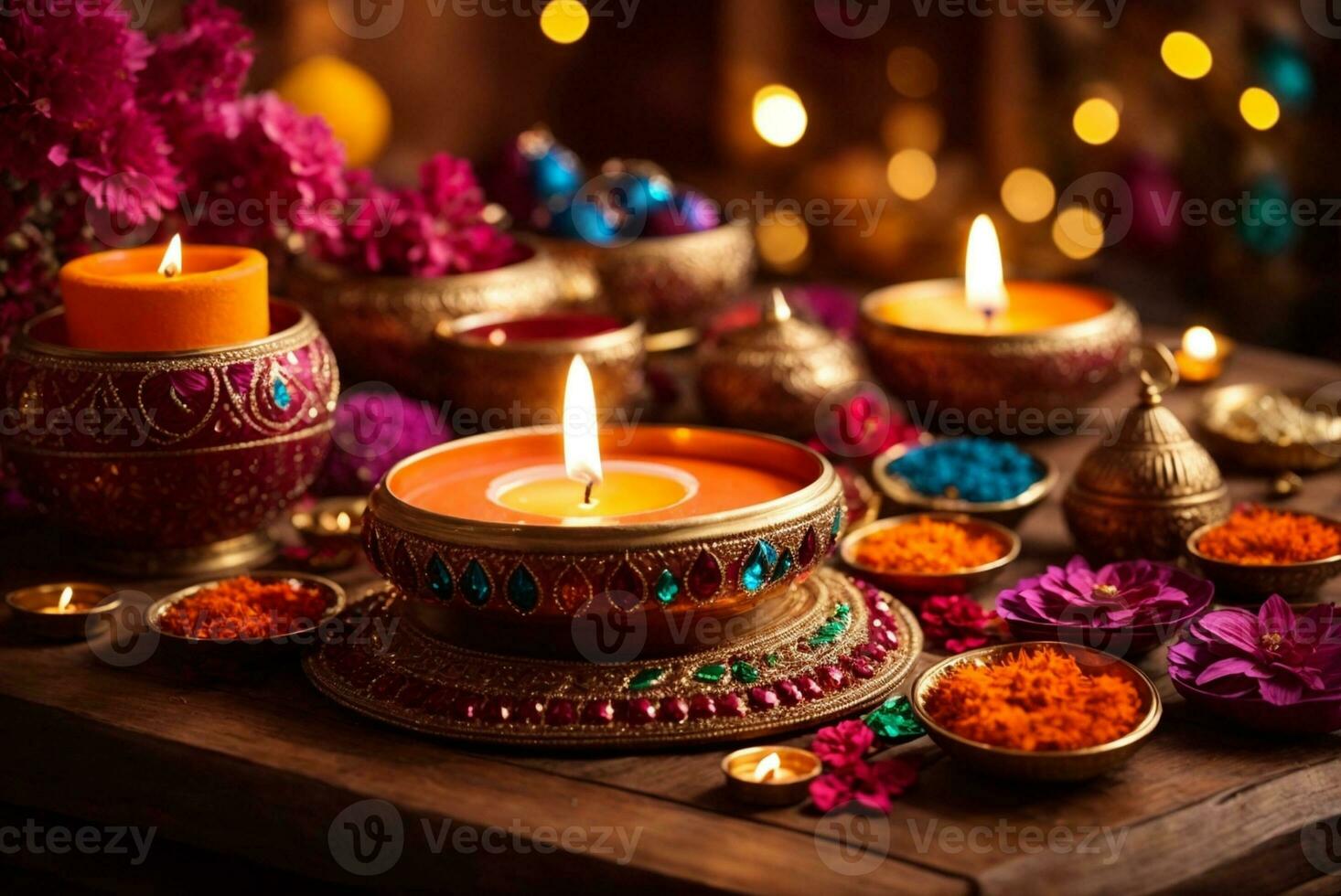 Diwali or Deepavali - Clay Diya lamps lit during Diwali celebration in India. AI Generative photo