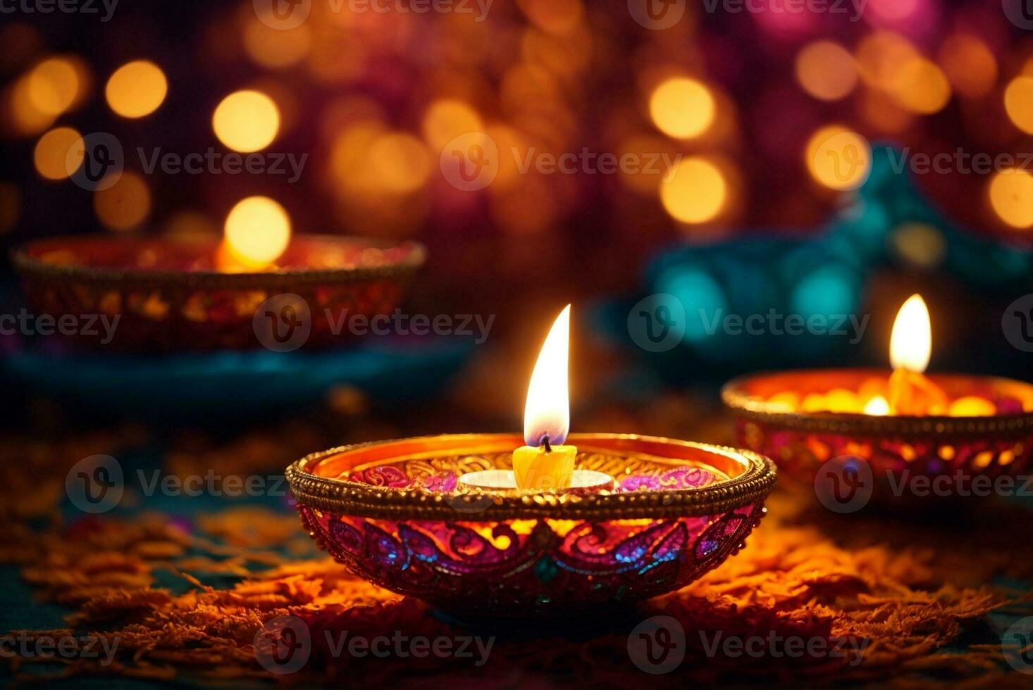 Diwali or Deepavali - Clay Diya lamps lit during Diwali celebration in India. AI Generative photo