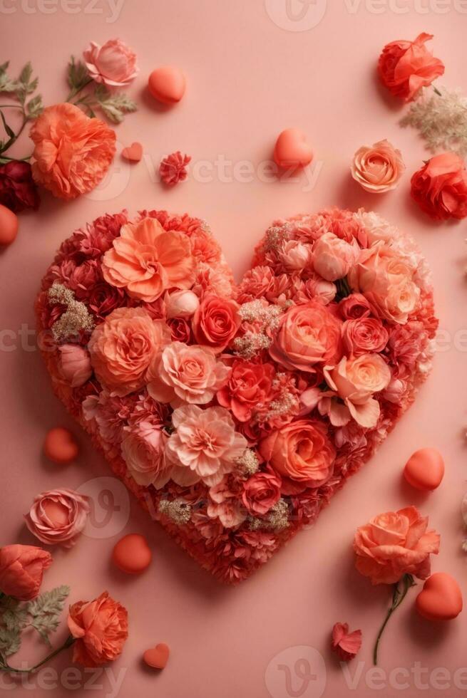 Heart made of beautiful flowers on color background. Valentine's Day celebration, AI Generative photo