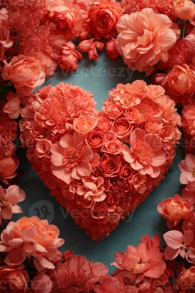 Heart made of beautiful flowers on color background. Valentine's Day celebration, AI Generative photo