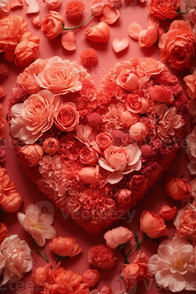 Heart made of beautiful flowers on color background. Valentine's Day celebration, AI Generative photo