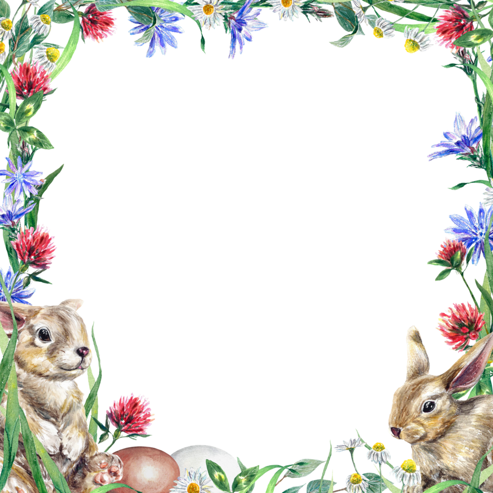 piazza telaio di fiori selvatici, coniglio e uova. acquerello illustrazione su un Pasqua tema. design elemento per saluto carte, inviti, copertine. png