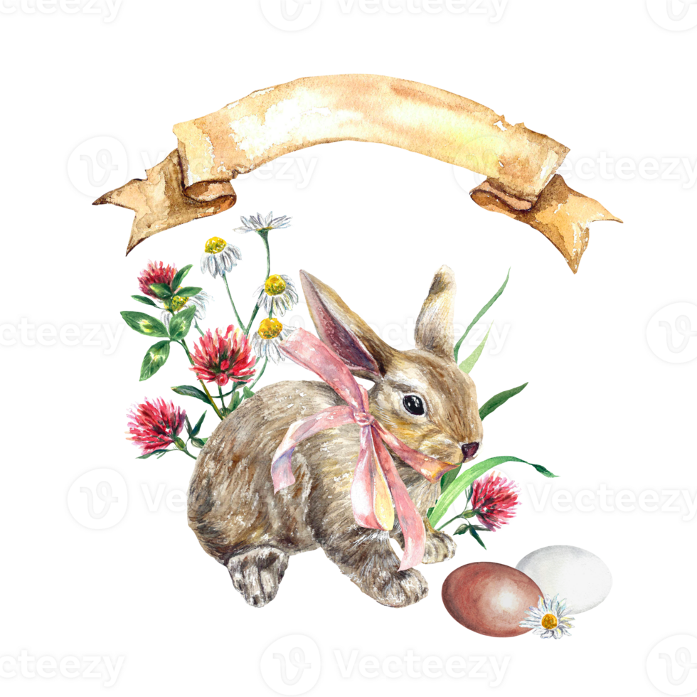 Rabbit with ribbon, eggs and meadow flowers. Watercolor illustration on an Easter theme. Design element for greeting cards, invitations, covers. png