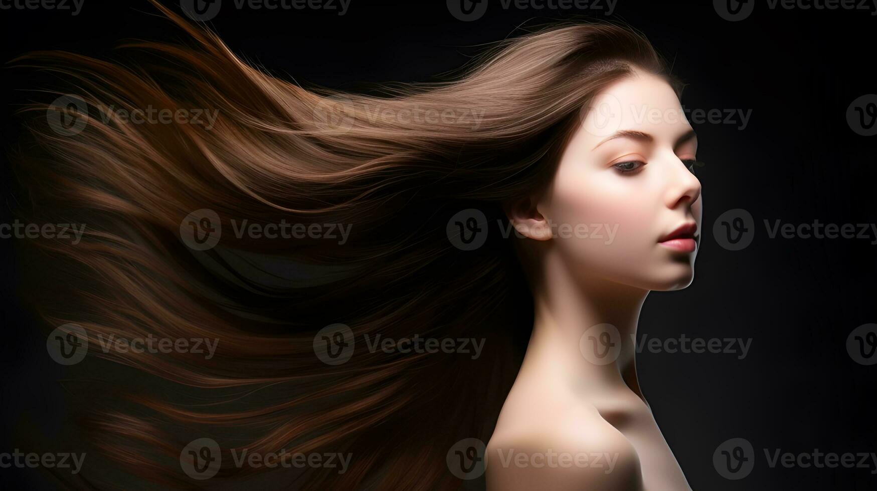 Dynamic Hair Portrait of a Young Woman Model Posing with Swinging Head Motion. created with Generative AI photo