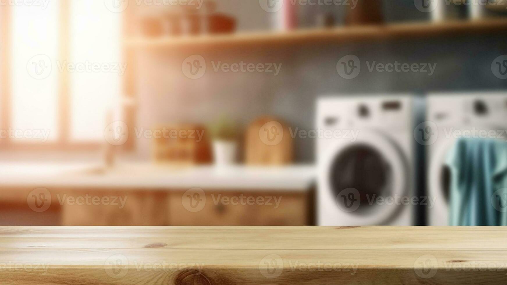 Product display on empty wood table with laundry room background. created with Generative AI photo