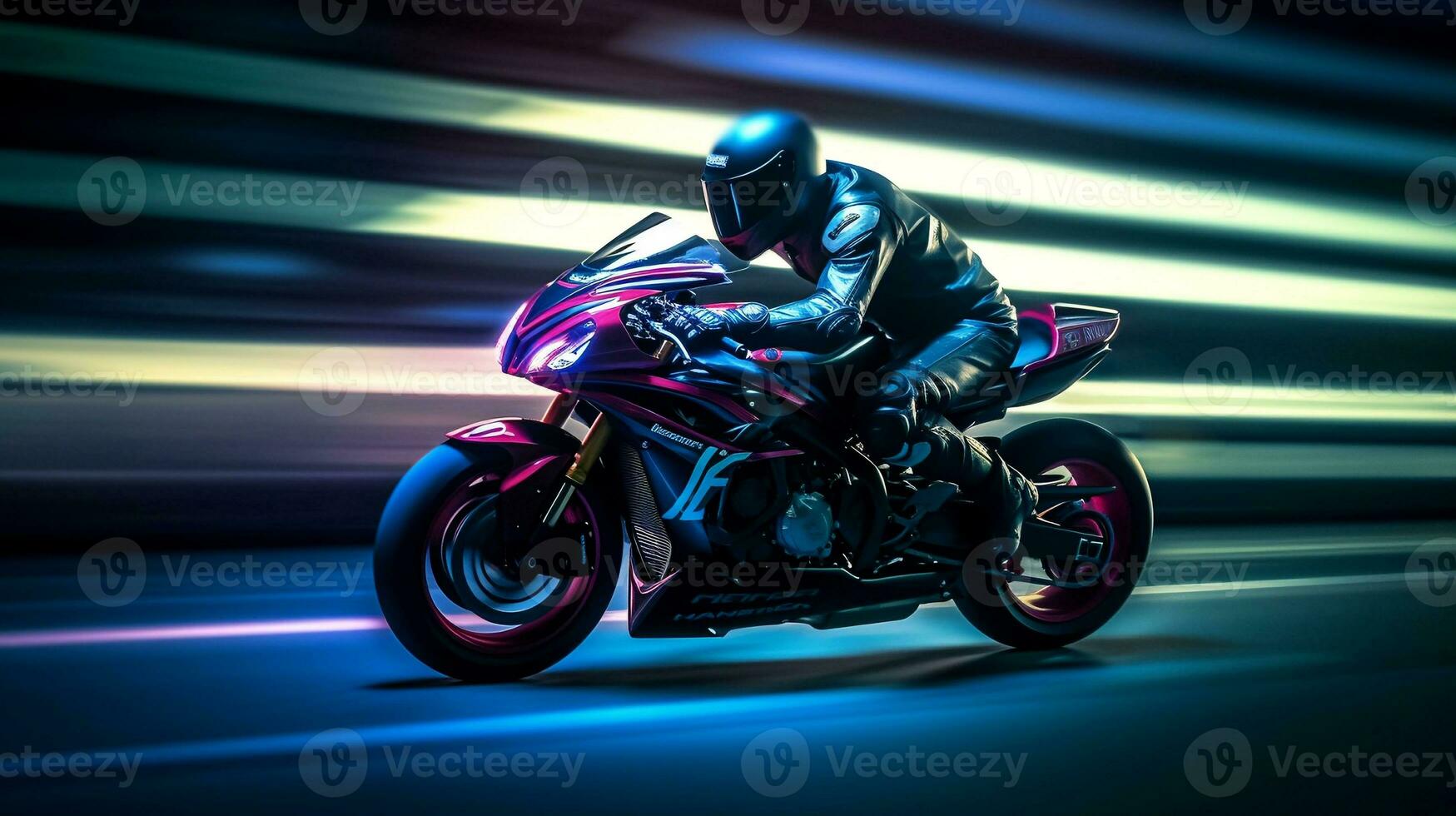 Mad Rider on a Motorcycle Racing at High Speed on Modern Racetrack. created with Generative AI photo