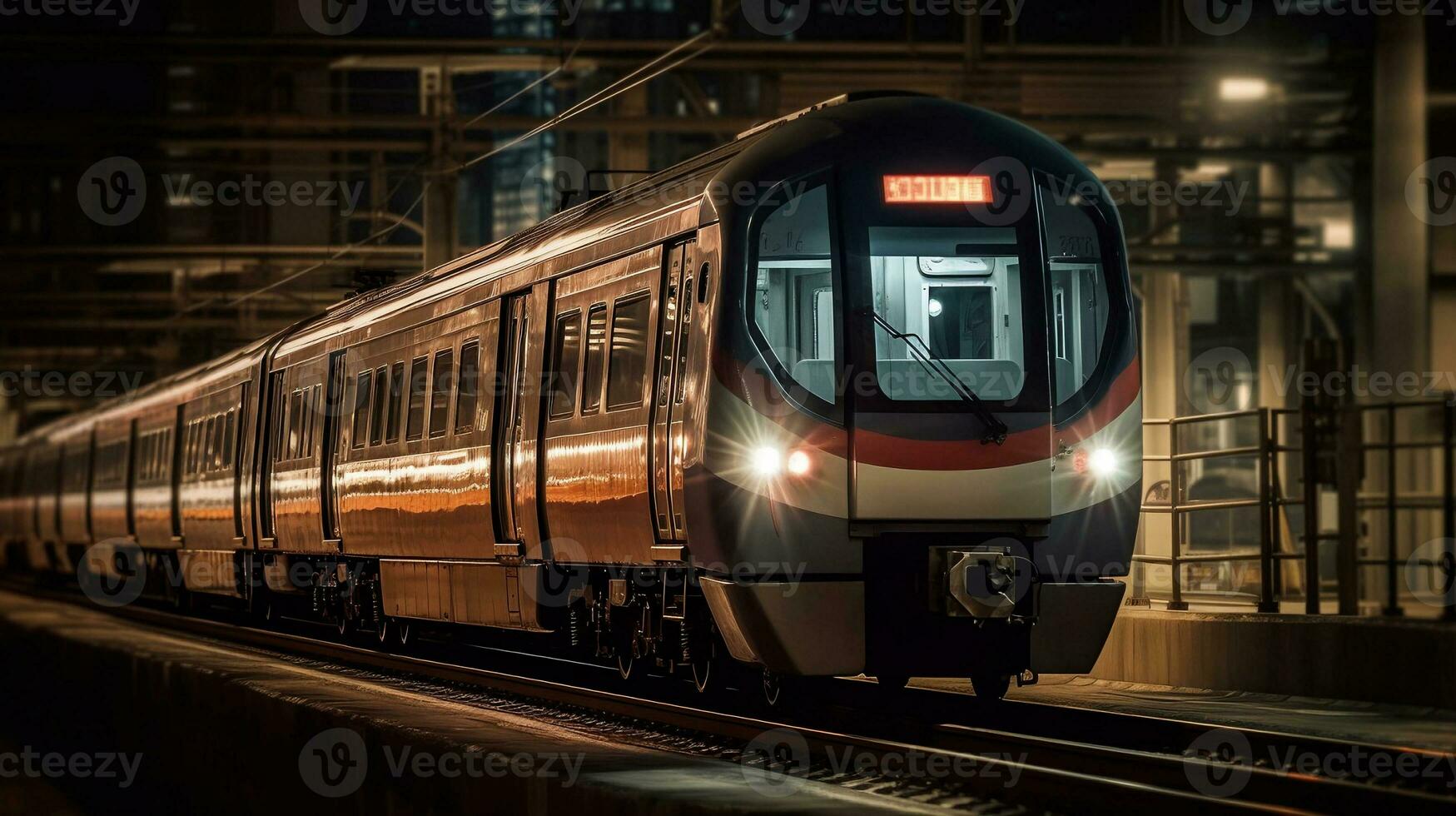 Train Racing through Beautiful Night Cityscape with Blurred Background. created with Generative AI photo