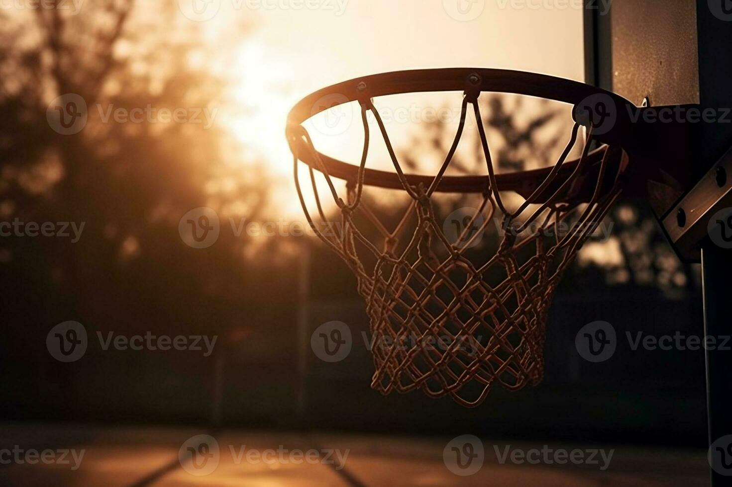 Sunset Basketball Close-Up of a Basketball Hoop in Warm Evening Light. created with Generative AI photo