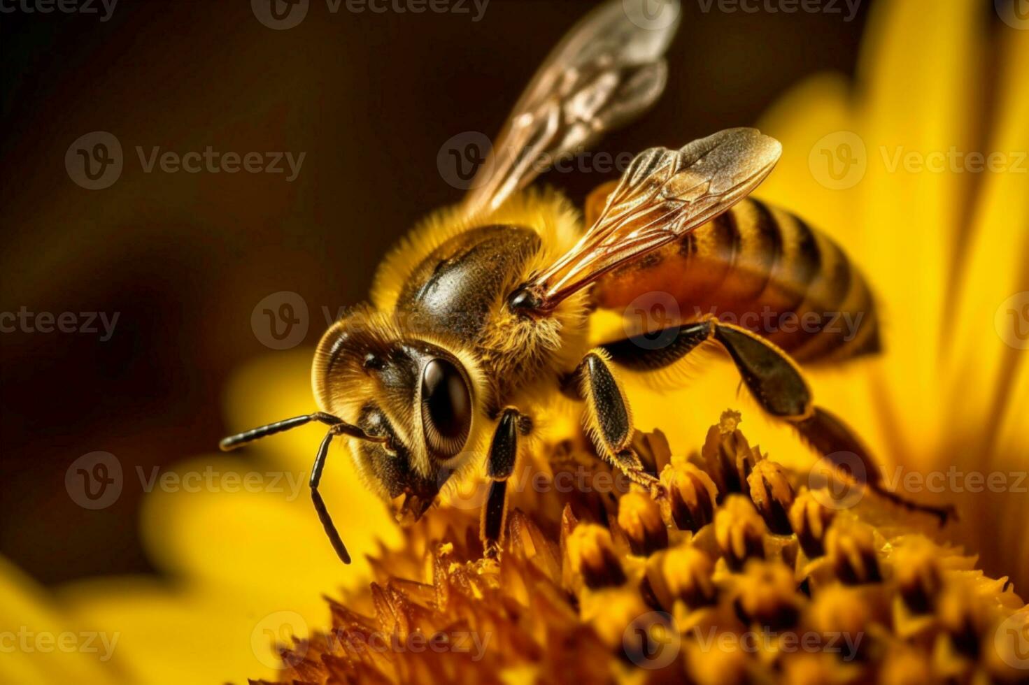 un ocupado abeja recoge néctar desde un vibrante girasol en un soleado día, exhibiendo el salvaje y fascinante vida de insectos generativo ai foto