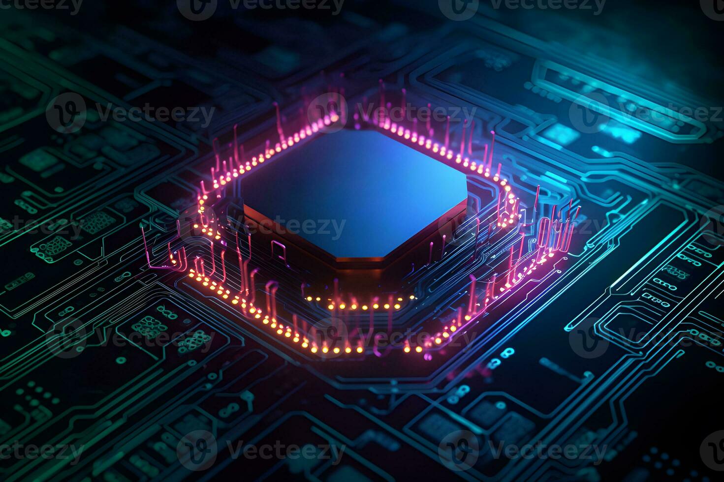 Generative AI. Futuristic Neon Microchip Circuit Board 3D Rendering photo