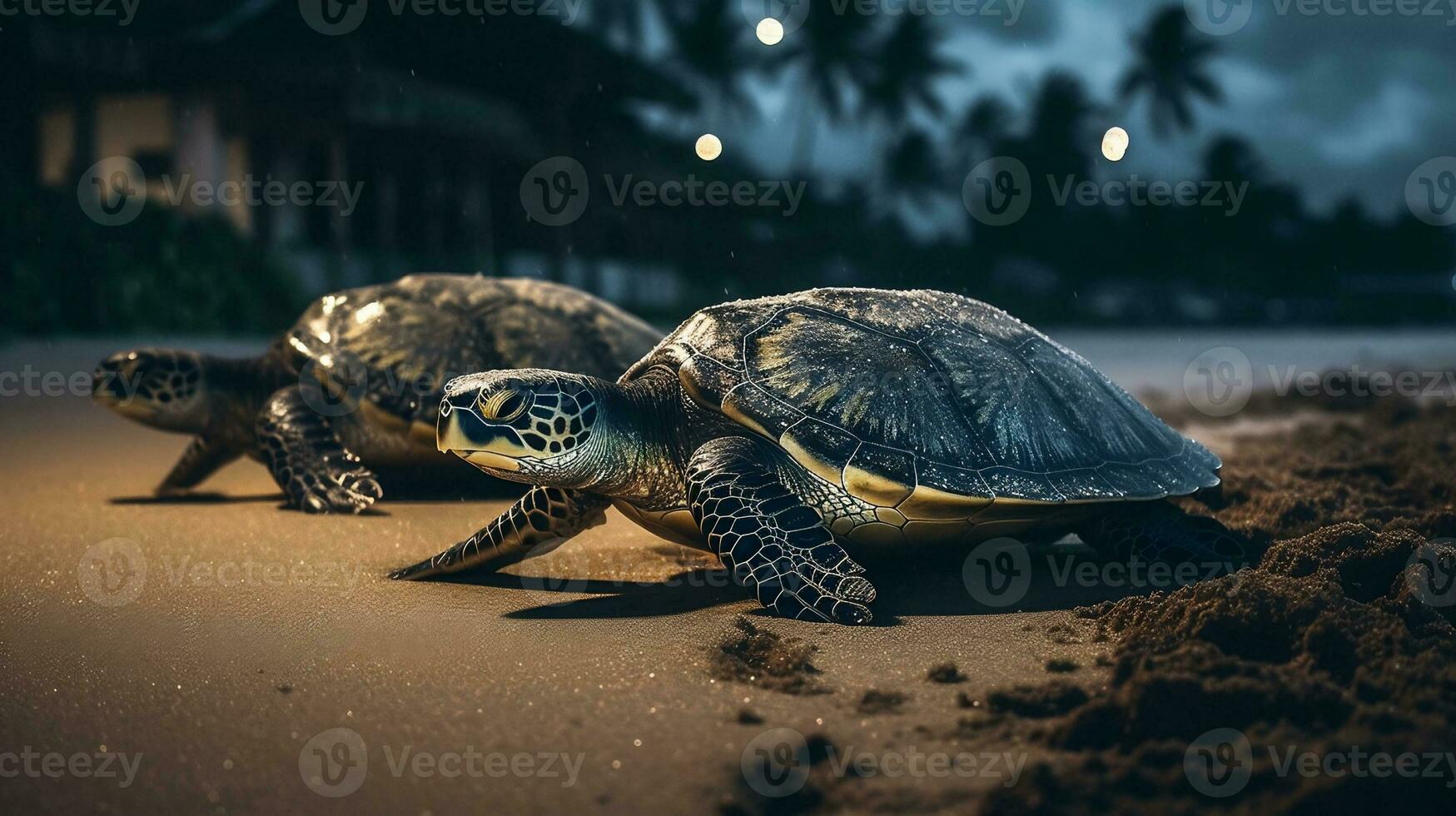 Nighttime Walk with Sea Turtle and Coconut Tree on the Beach. created with Generative AI photo