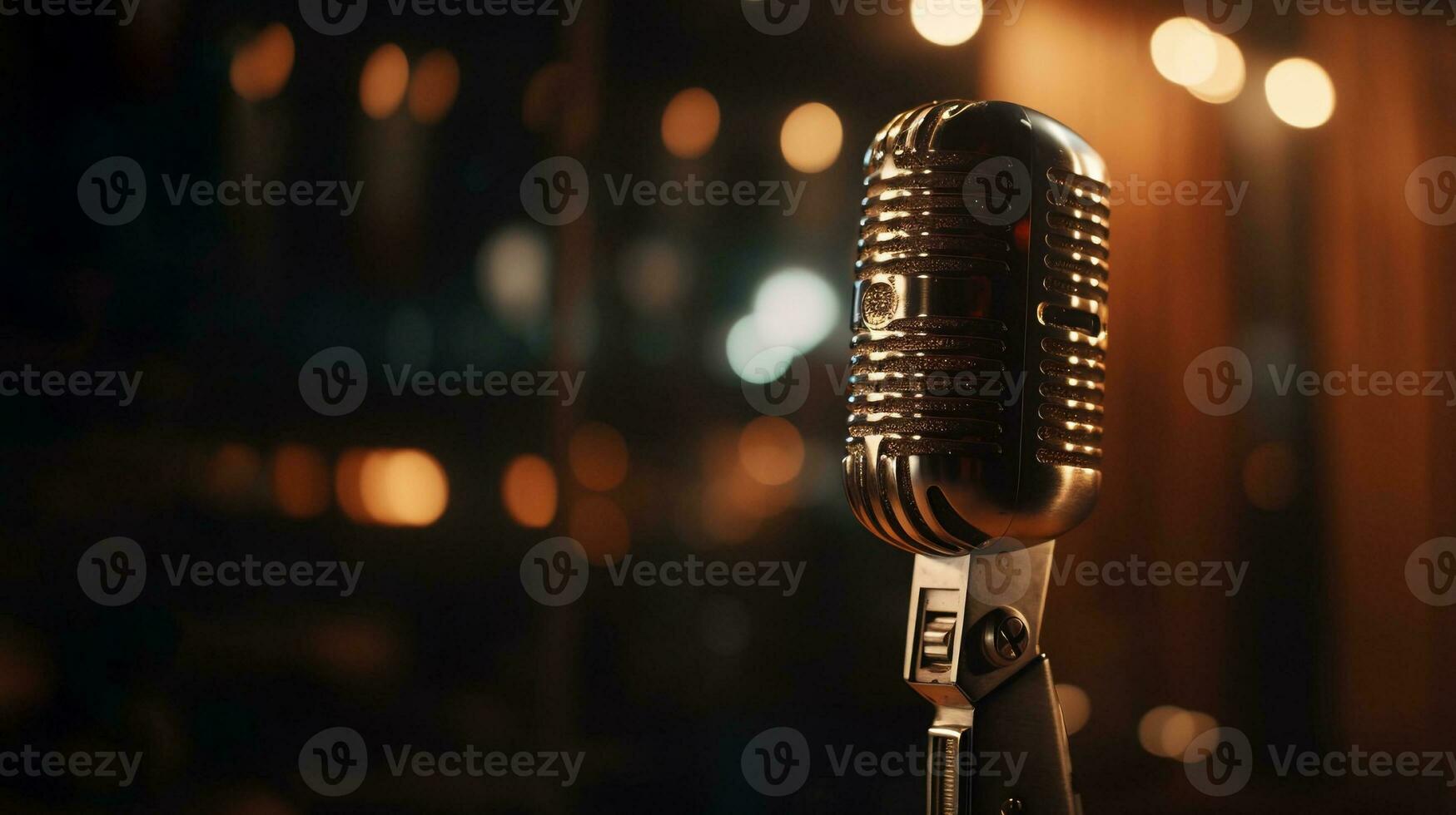 Vintage Microphone on Stage with Bokeh Lights Background. created with Generative AI photo