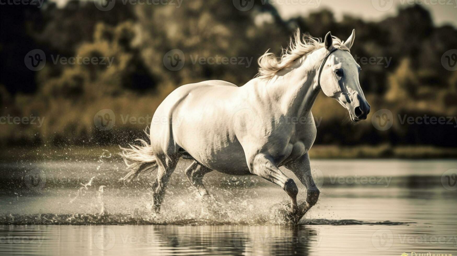 Beautiful horse running over water with reflection, Generative AI photo