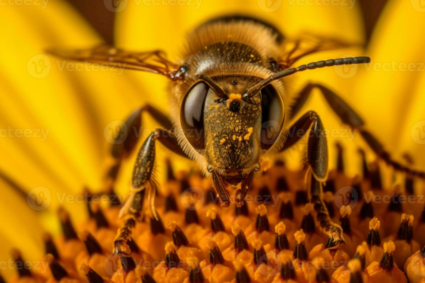 un ocupado abeja recoge néctar desde un vibrante girasol en un soleado día, exhibiendo el salvaje y fascinante vida de insectos generativo ai foto