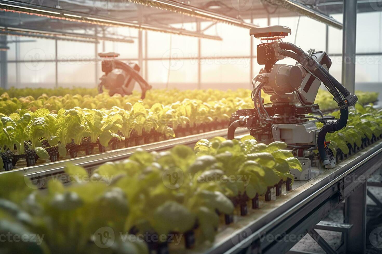 Smart Robotic Farmers Revolutionizing Agriculture. created with Generative AI photo