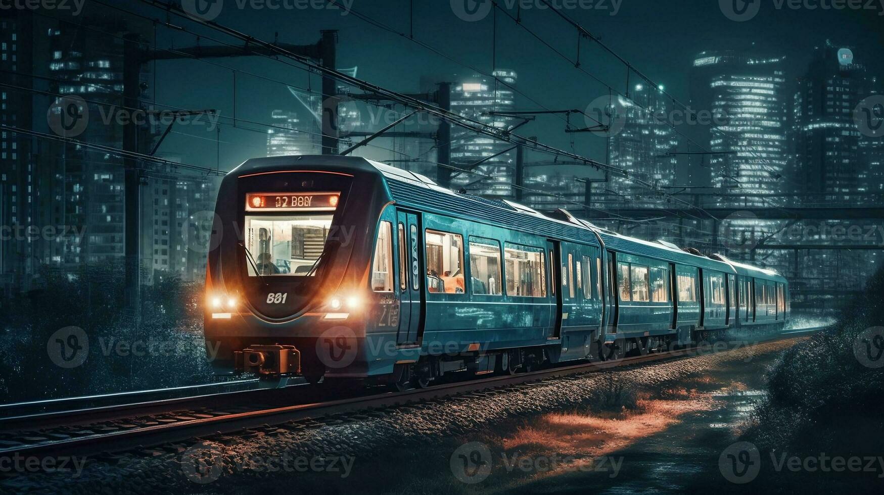 Train Racing through Beautiful Night Cityscape with Blurred Background. created with Generative AI photo