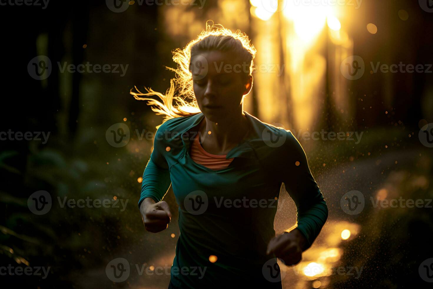 hembra sendero corredor corriendo en bosque camino con bokeh luces y naranja brillo. generativo ai foto