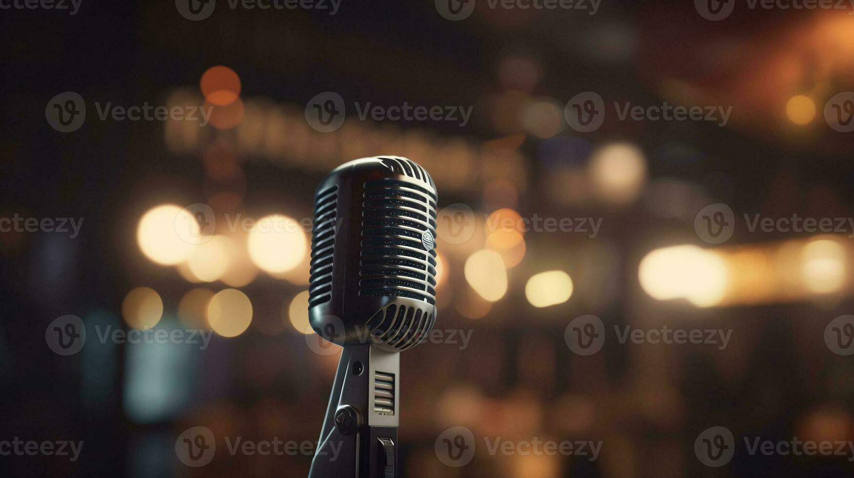 Vintage Microphone on Stage with Bokeh Lights Background. created with Generative AI photo