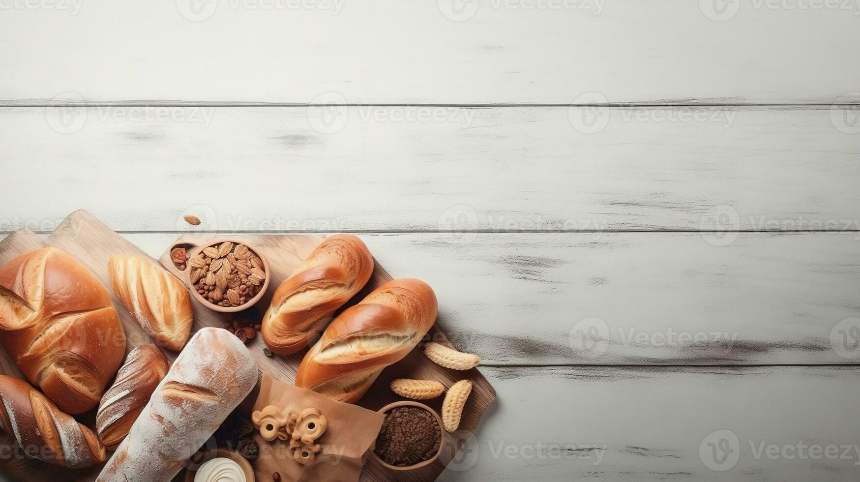 Assorted Bakery Products on Wooden Background . created with Generative AI photo