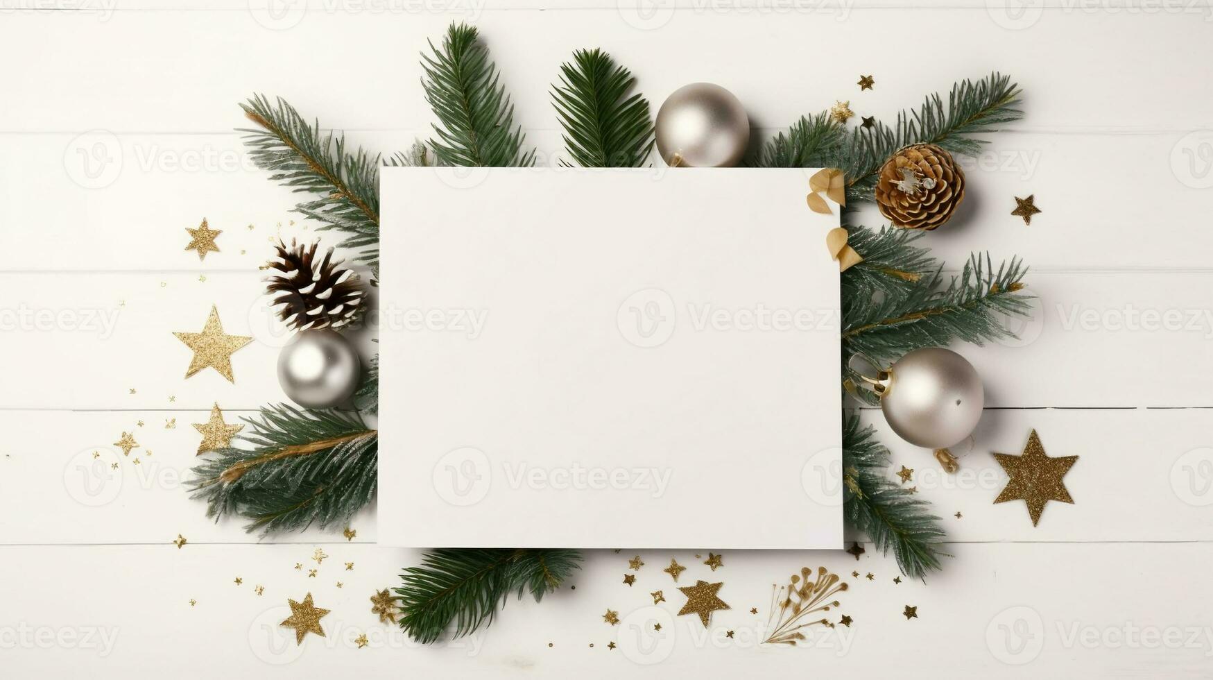 Christmas Decor and Blank Card on White Wooden Table - Space for Text. created with Generative AI photo
