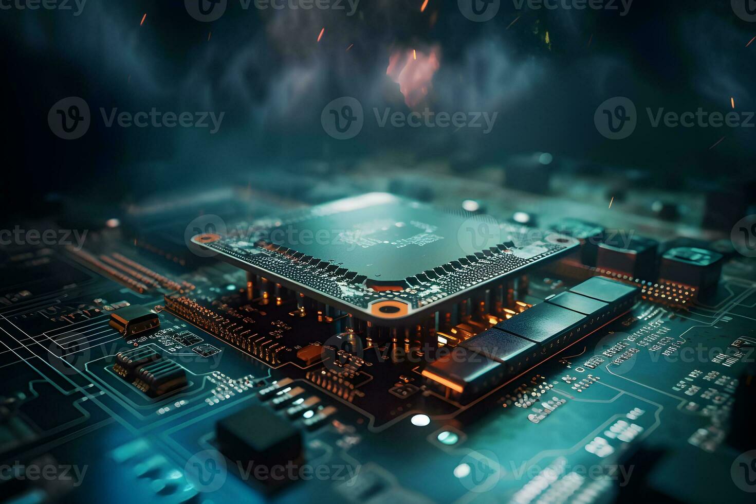 Generative AI. 3D Render of Neon Microchip Circuit Board with Floating Cloud photo