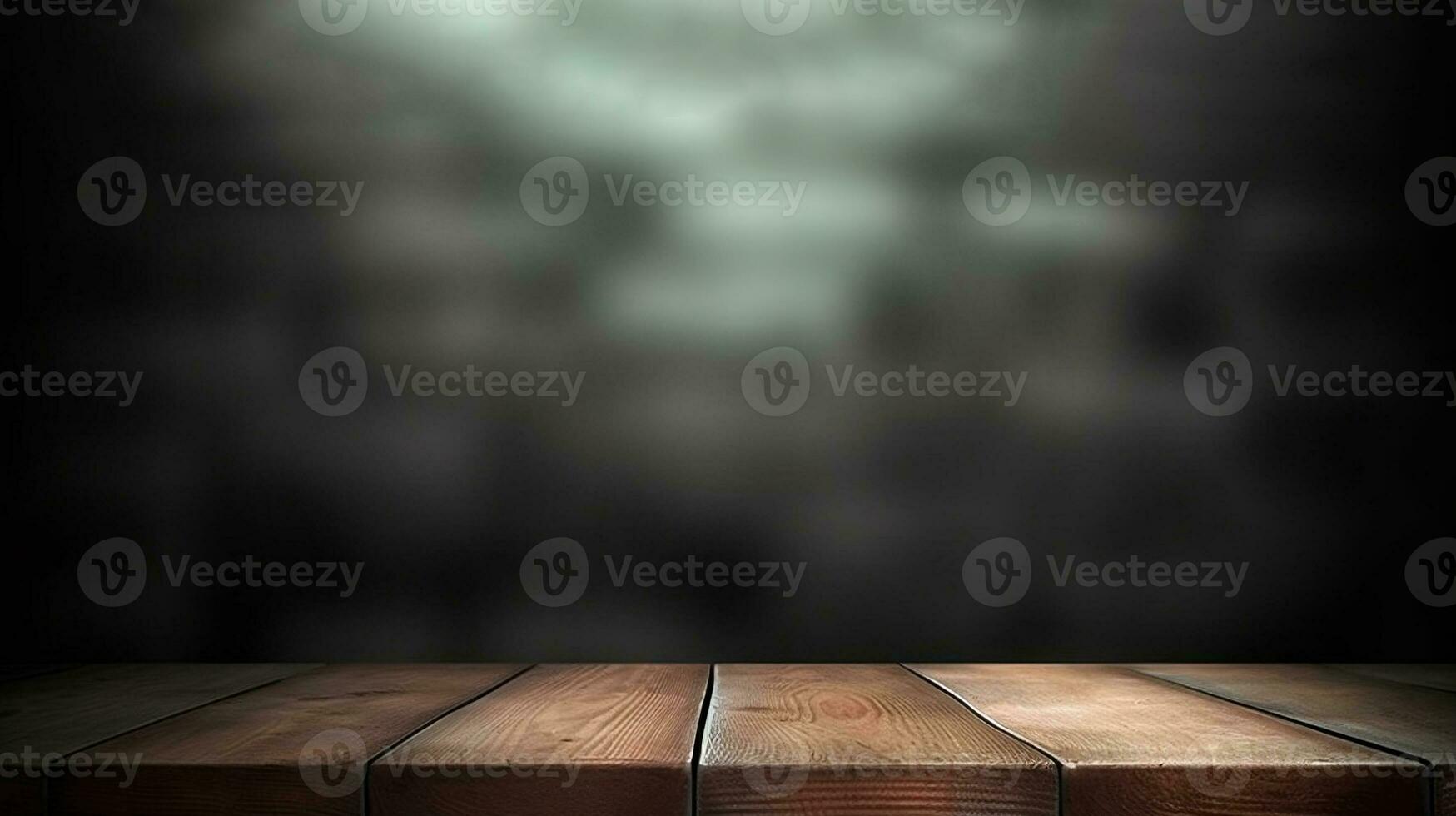 Dark Room Atmosphere - Empty Old Wood Table with Blurred Concrete Block Wall Background. created with Generative AI photo