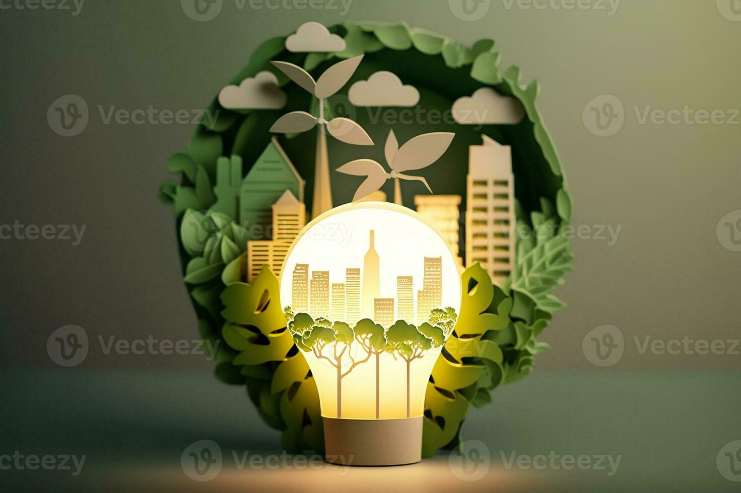 Creative Energy Saving Concept Paper Cut of Light Bulb with Green Eco City.  created with Generative AI photo