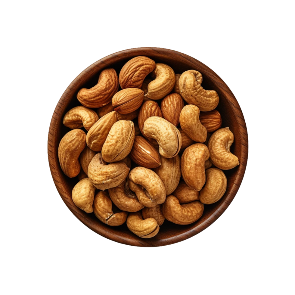 Nuts in a wood bowl isolated on a transparent background AI Generative png