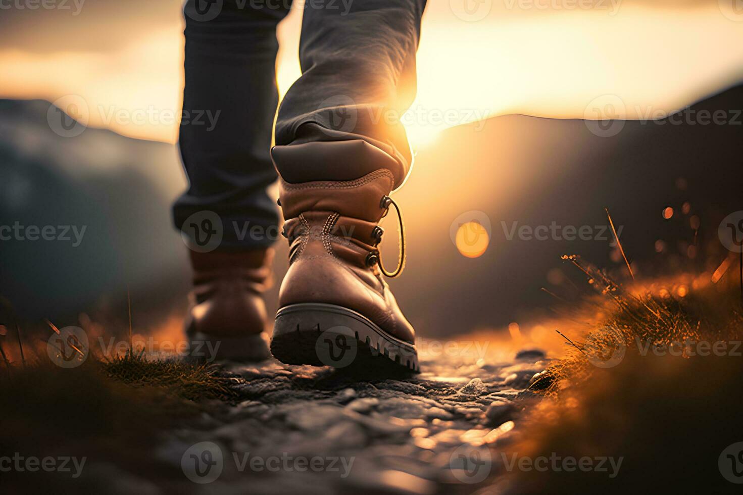 Close-up of Man's Leather Boots Walking Uphill in Morning Light with Bokeh Effect. Generative AI photo