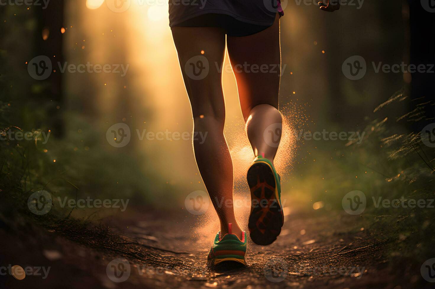 Morning Trail Run Close-up of Female Runner's Legs and Shoes with Abstract Bokeh Lightcreated. Generative AI photo