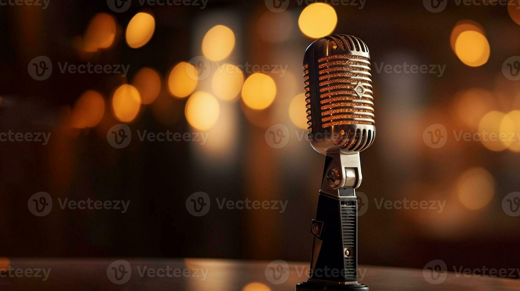 Vintage Microphone on Stage with Bokeh Lights Background. created with Generative AI photo