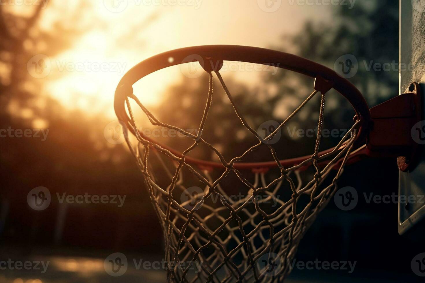 Sunset Basketball Close-Up of a Basketball Hoop in Warm Evening Light. created with Generative AI photo