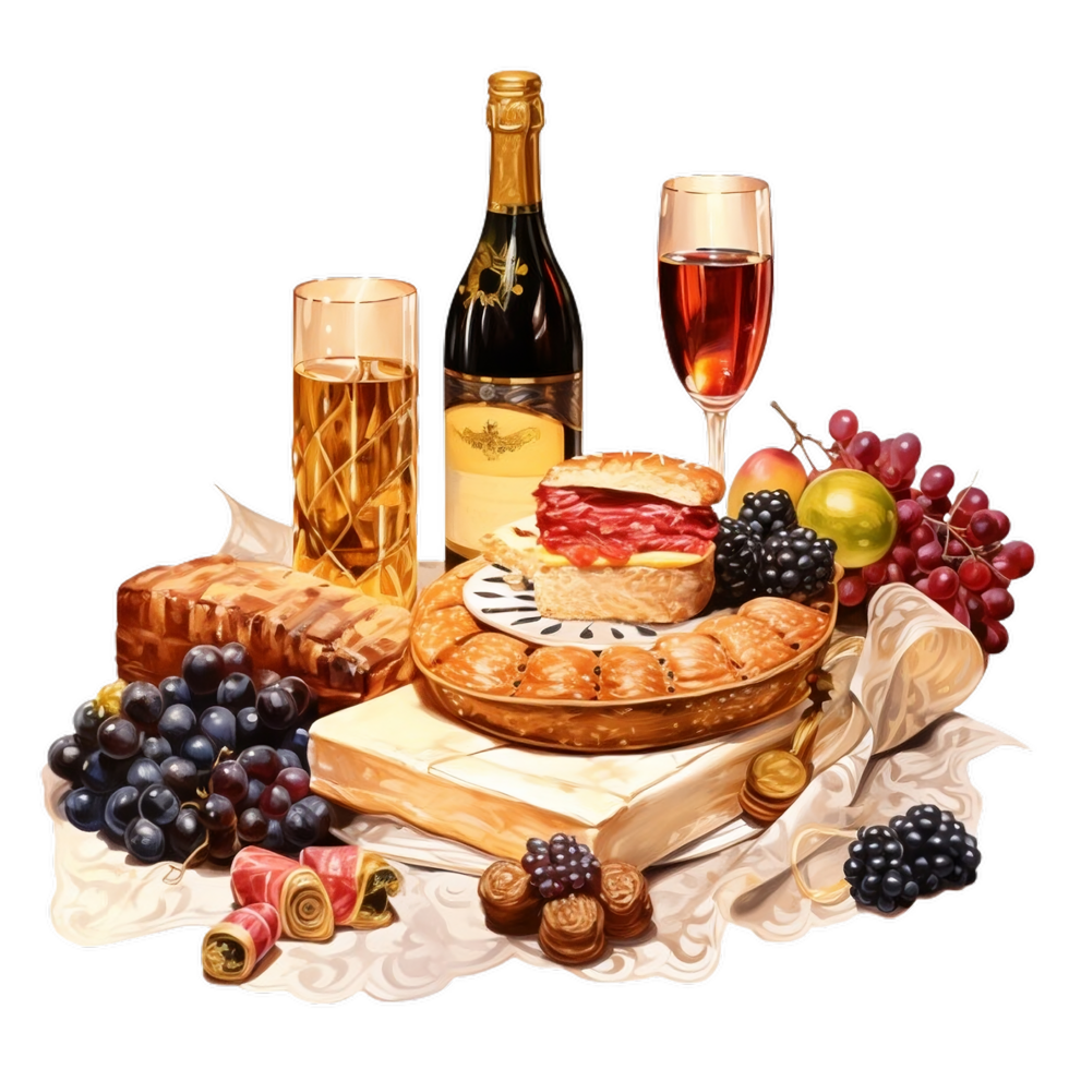 Watercolor Party food, banquet illustration, delicious food and drink for celebration , AI generated png