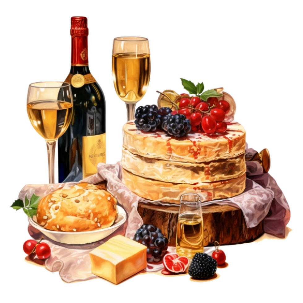 Watercolor Party food, banquet illustration, delicious food and drink for celebration , AI generated png