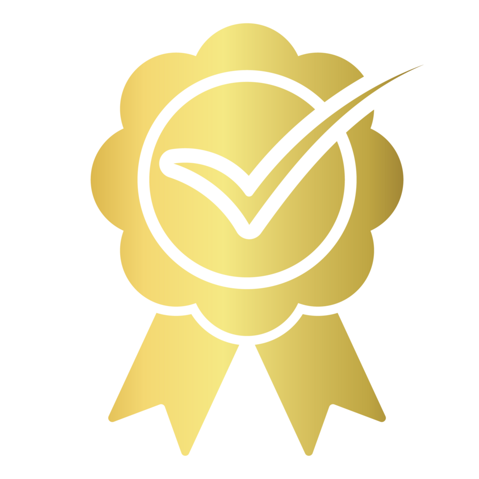 Golden check mark icon, gold certification seal png