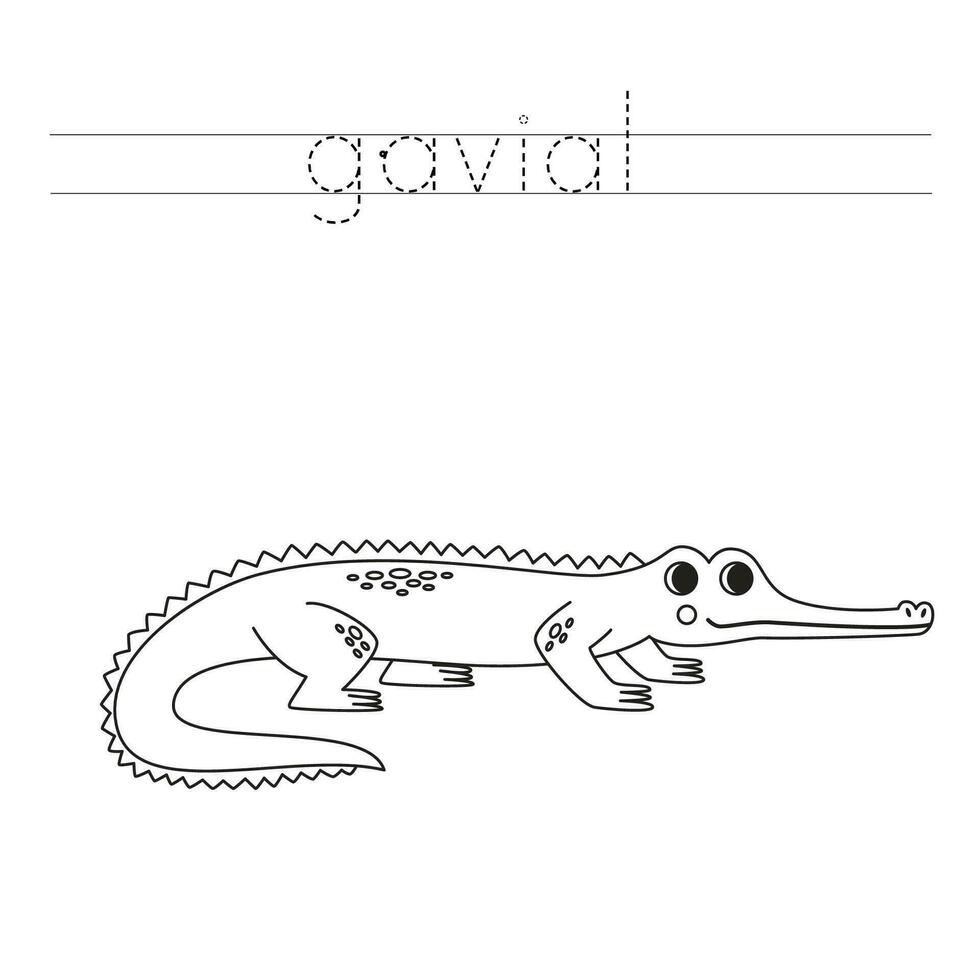 Trace the letters and color cartoon gavial. Handwriting practice for kids. vector