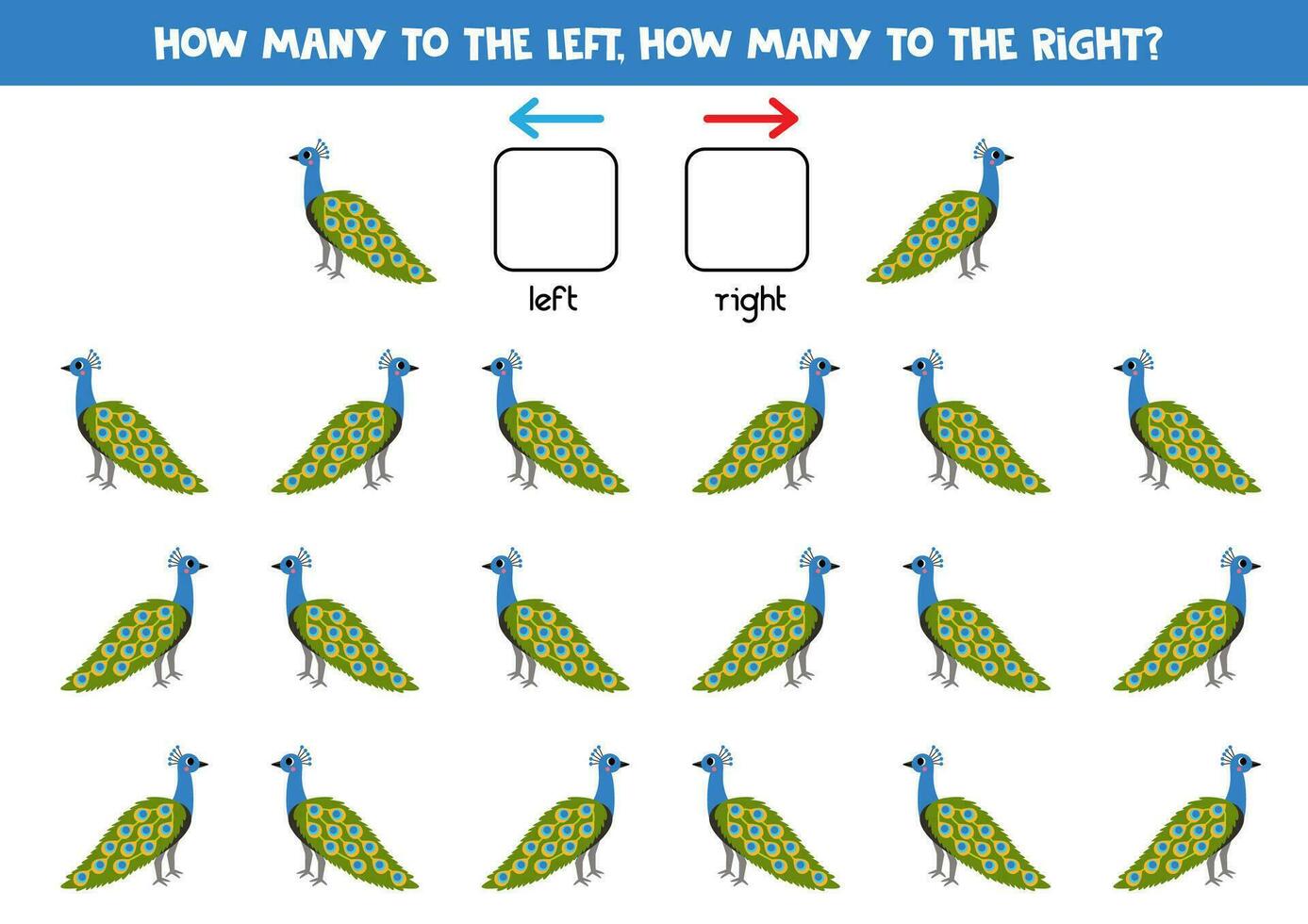 Left or right with cute cartoon peafowl. Logical worksheet for preschoolers. vector