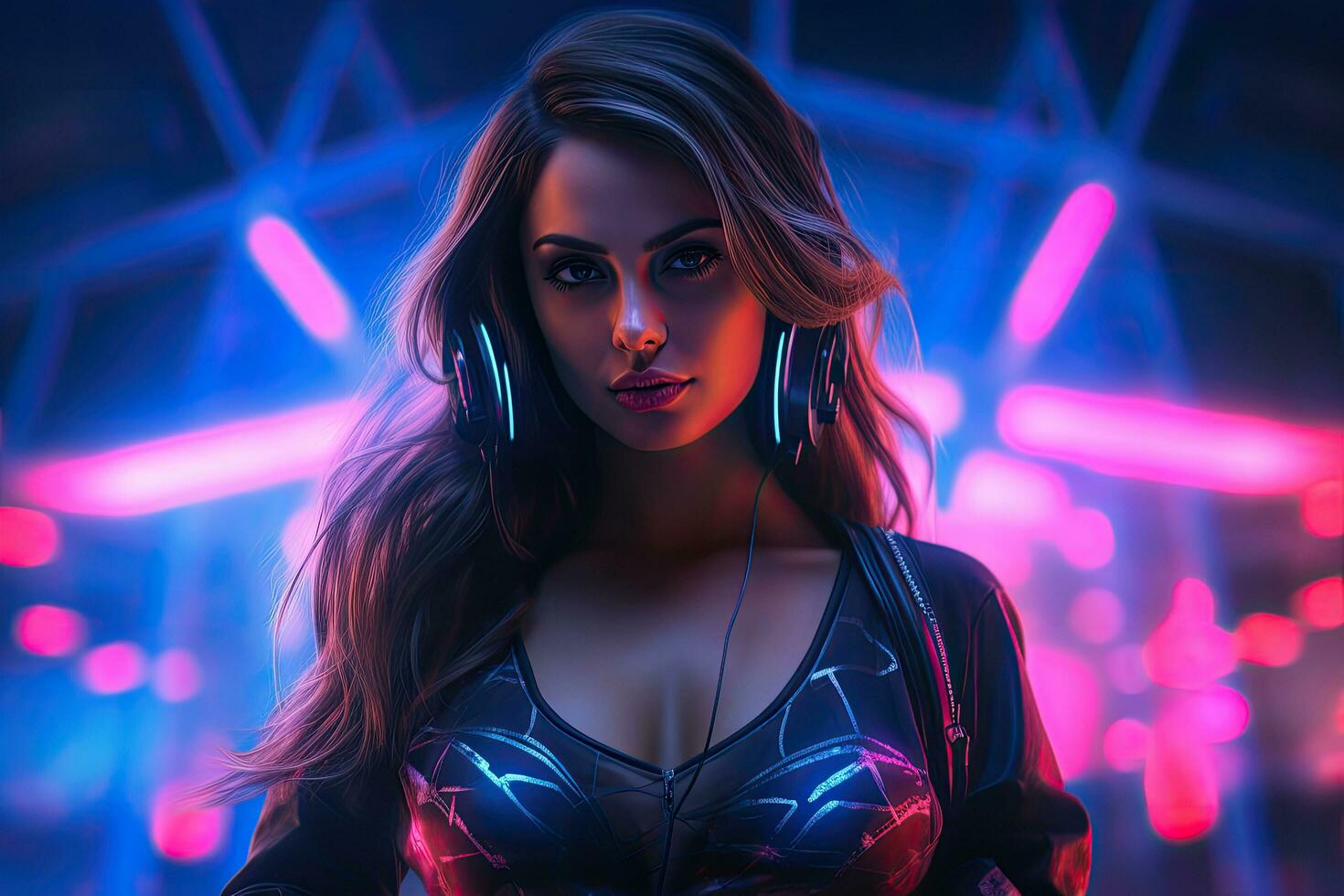 Portrait of a beautiful young woman in neon lights. Night club, Hot girl DJ in neon lights. Poster of sexy TDJ at the night club party, AI Generated photo