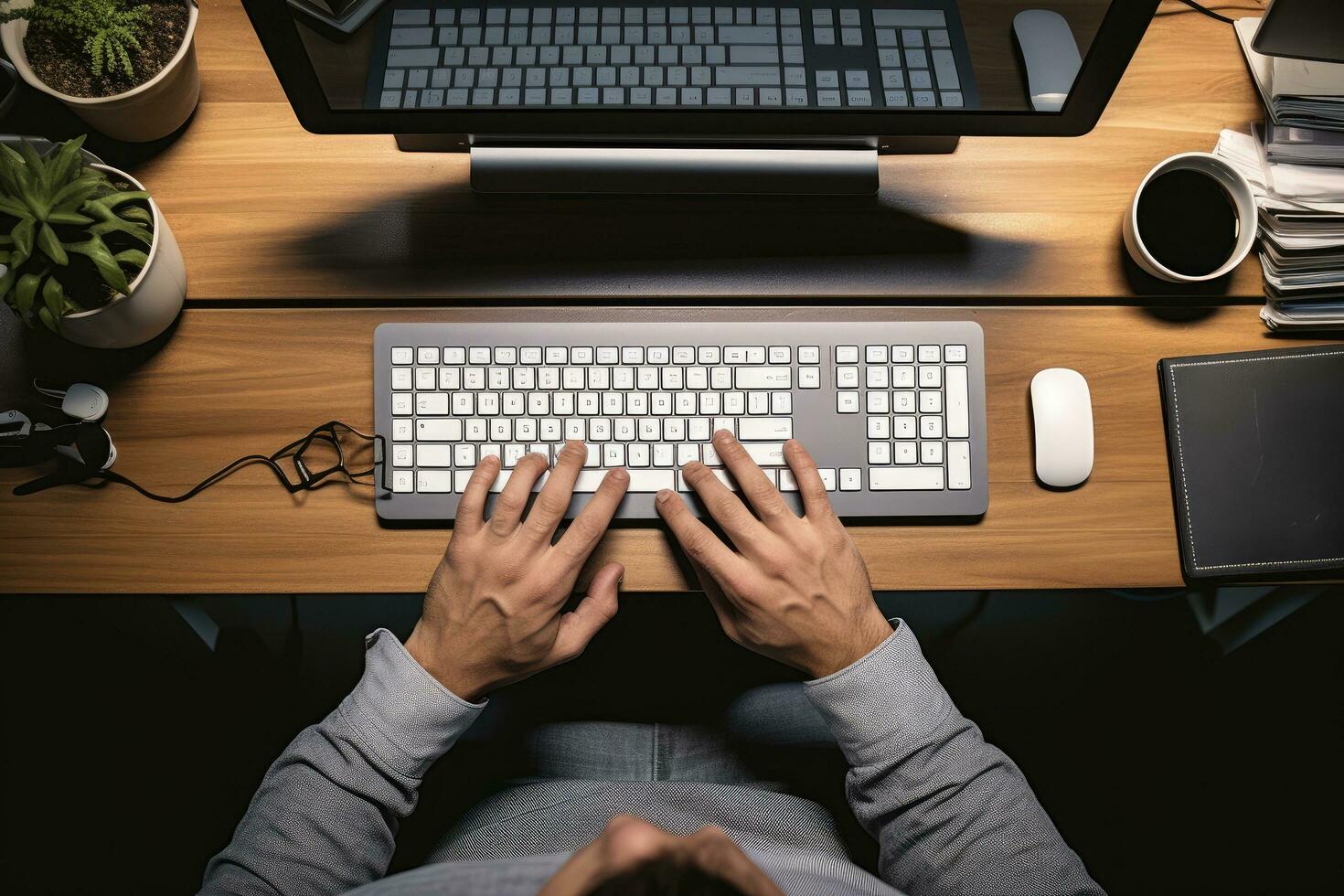 Top view of male hands typing on computer keyboard while sitting at wooden table, High angle view of male hands typing on computer keyboard while working in office, AI Generated photo