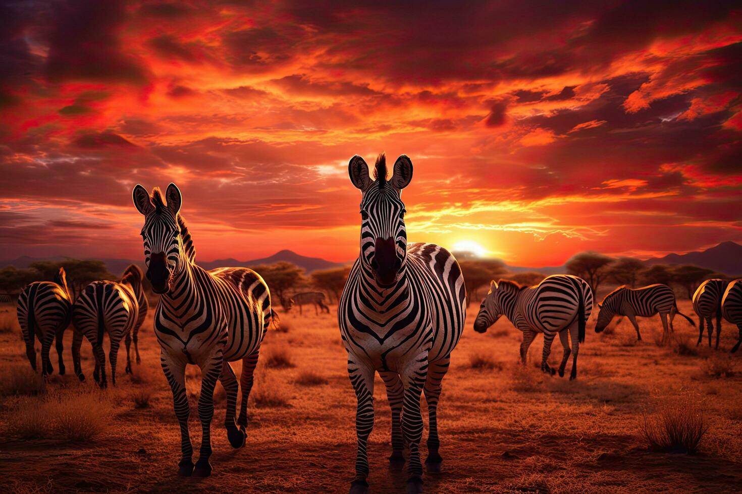 Group of zebras at sunset in the savannah of Namibia, Herd of zebras in the savannah at sunset, AI Generated photo