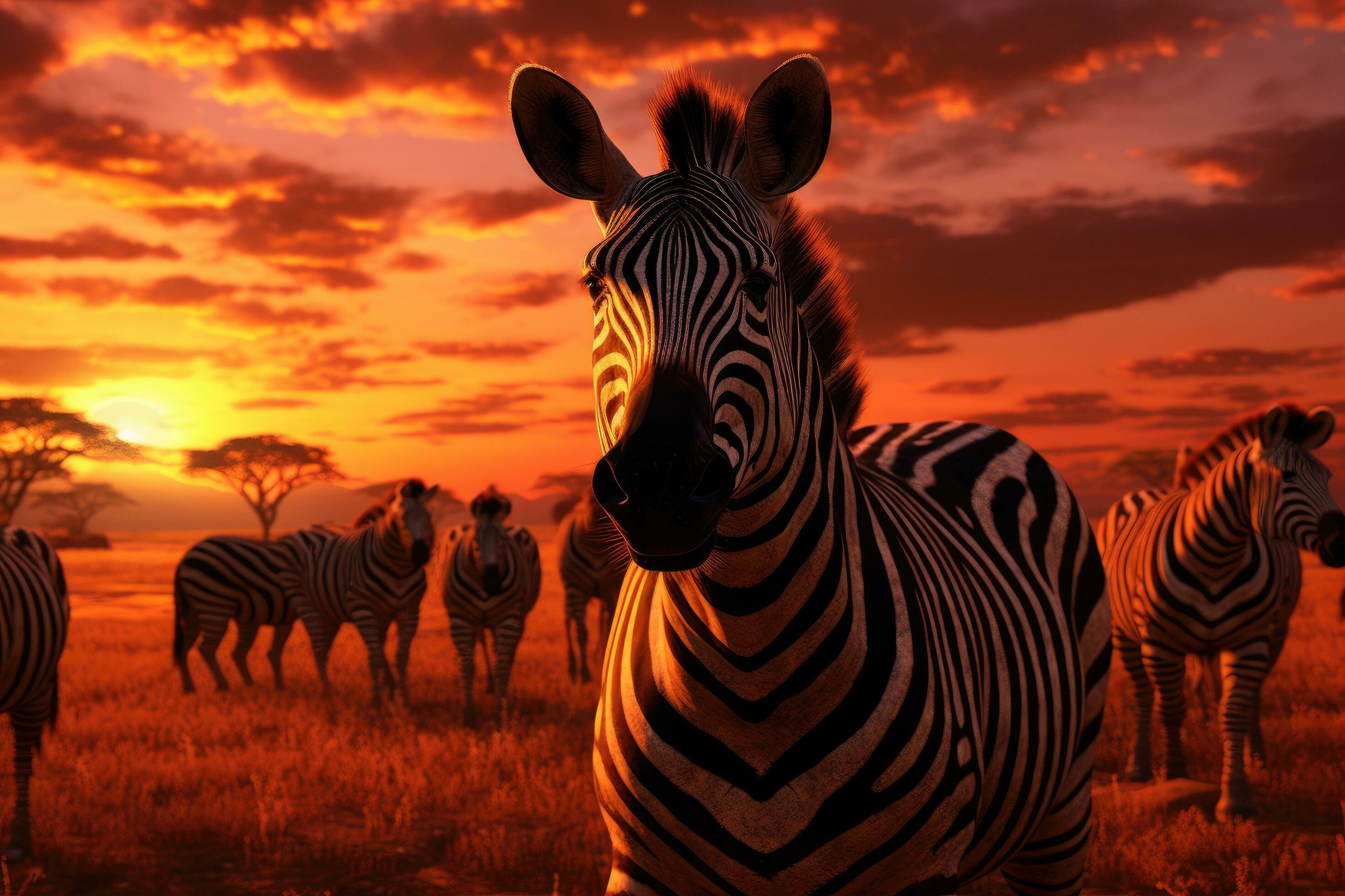 Zebra in the savannah at sunset. 3D illustration, Herd of zebras in the  savannah at sunset, AI Generated 32735590 Stock Photo at Vecteezy