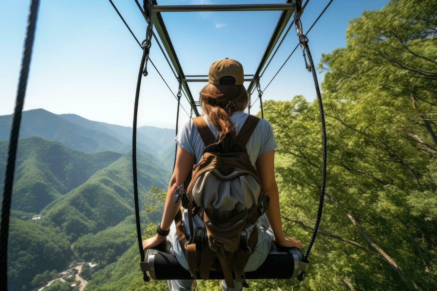 A woman is sitting on a swing and looking at the mountains, Hiker woman riding a trolley zipline on the mountain, rear view, no visible faces, AI Generated photo