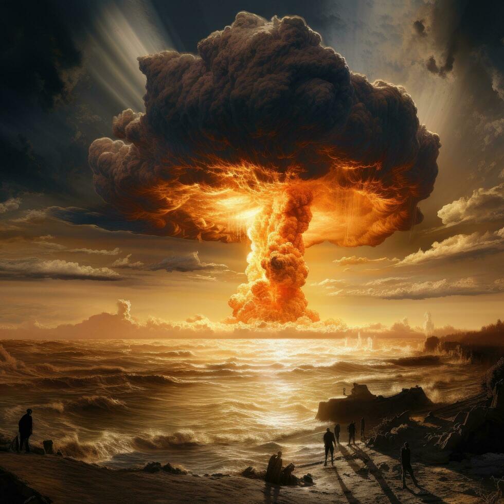 explosión en el mar a puesta de sol. collage. 3d representación, enorme nuclear bomba explosión, final de el mundo, Día del Juicio Final en un enviar ap, ai generado foto