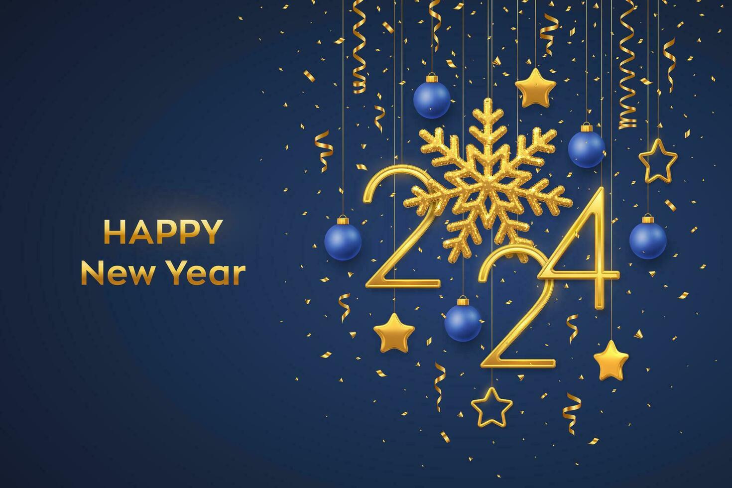 Happy New 2024 Year. Hanging Golden metallic numbers 2024 with shining snowflake and confetti on blue background. New Year greeting card or banner template. Holiday decoration. Vector illustration.