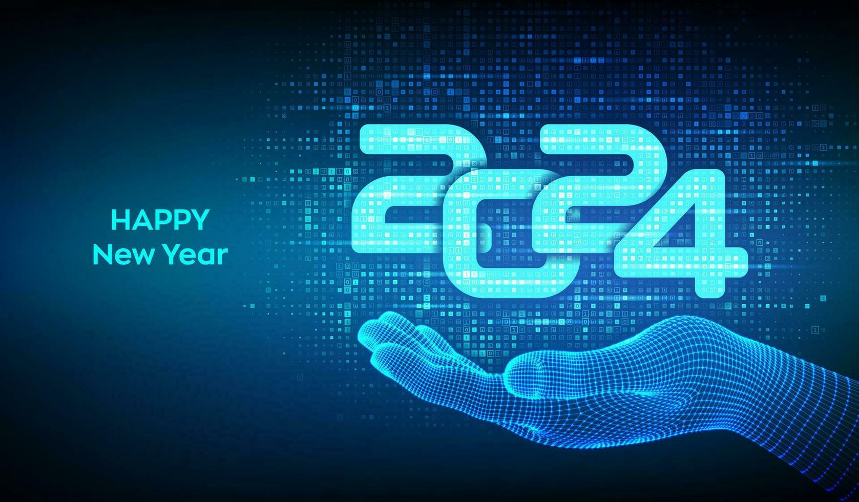 Happy New 2024 Year. Numbers 2024 made with binary code in wireframe hand. Digital binary data and streaming digital code background. Matrix background with digits 1.0. Vector illustration.