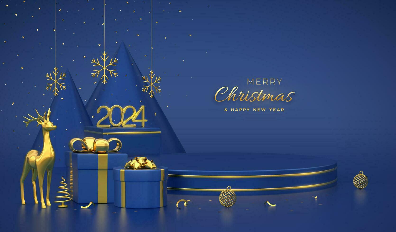 Navidad escena y 3d redondo plataformas en azul antecedentes. 3d dorado números 2024. blanco pedestal con ciervo, brillante copos de nieve, pelotas, regalo cajas, oro metálico cono forma pino, abeto arboles vector. vector